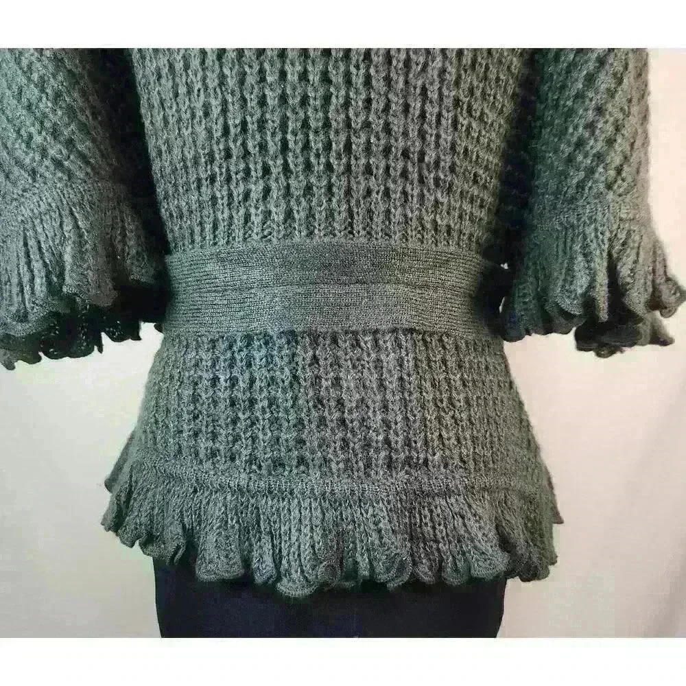 Unique Tempo Paris S/M Grey Cape Sweater Fun Neckline Fur Waist Belt Ruffled Hem - Picture 3 of 11